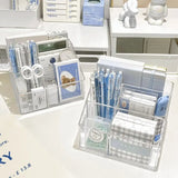 elvesmall Acrylic Three Grid Pen Holder Transparent Storage Rack Large Capacity Pencil Rack Square Makeup Shelf Desktop Organizer