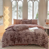elvesmall Faux Rabbit Fur Autumn Winter Warm Duvet Cover Set with Bed Sheet Quilt Cover and Pillowcase Queen Plush Bedding Set Soft Warmth