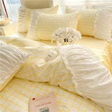 elvesmall Korean Style Princess Bedding Set Luxury Pink Lattice Duvet Cover Ruffles Lace Bedspread Bed Sheet Pillowcases