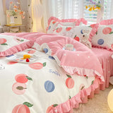 elvesmall Fashion Lattice Bedding Set Bed Sheet Cute Princess AB Double Sided Ruffle Flower Quilt Cover Pillowcase Bedclothes Home Textile