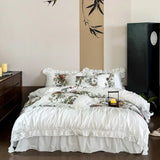 elvesmall Korean Style Bedding Sets Luxury 100% Cotton Floral Print Princess Lace Ruffle Duvet Cover Bed Skirt Bedspread Pillowcases