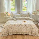 elvesmall French Country Style Princess Bedding Set, 100% Cotton, Floral Ruffled Edge, Duvet Cover, Flat, Fitted Bed Sheet, Pillowcases