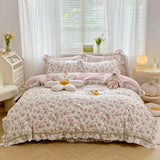 elvesmall French Country Style Princess Bedding Set, 100% Cotton, Floral Ruffled Edge, Duvet Cover, Flat, Fitted Bed Sheet, Pillowcases