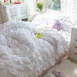 elvesmall White Ruffled Seersucker Duvet Cover Set for Girls, Soft Princess Bedding Set with Bed Sheet, Pillowcases, 3 Pcs, 4Pcs