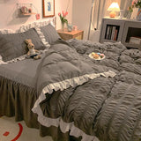elvesmall Pink Ruffled Seersucker Duvet Cover Set 3/4pcs Soft Lightweight Down Alternative Grey Bedding  with Bed Skirt and Pillowcases