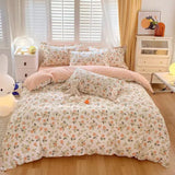 elvesmall Cute Pink Strawberry Duvet Cover Flat Sheet Pillowcase Floral Bedding Set Girls Bed Linen Soft Thick Washed Cotton Bedclothes