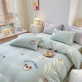 elvesmall Cute Bear Embroidery Bedding Set Lovely Cartoon Sheep Single Double Duvet Cover Set Soft Skin Friendly Quilt Cover Pillowcase