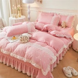 elvesmall Korean Luxury Lace Ruffles Bedding Set Skin-Friendly Washed Cotton Princess Style Duvet Cover Bed Sheet Pillowcase Home Textiles