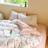 elvesmall Double-layer Cotton and Linen Bedding Set Four-piece Floral Washed Cotton Quilt Cover Net Celebrity Bed Sheet Student BeddingSet