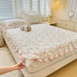 elvesmall 100% Cotton Mattress Cover Floral Style Bedspread Thickened Fitted Sheet Lace Bed Linen Quilted Bed Cover  (No Pillowcase)