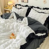 elvesmall Bubble Yarn Seersucker French Style Princess Lace Bedding Set Duvet Cover Set Skirt Sheet Queen For Girl Decor Home