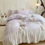 elvesmall  Korean Princess Style Cotton Bedding Set Single Queen King Pleat Ruffles White Ball Duvet Cover Set Bed Sheet Pillowcases