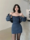 vsrczz  -  High Street Denim Suit Women Spring New Short Coat Jacket Suspenders Tube Top Dress Korean Two-piece Set Ladies