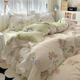 elvesmall French Romantic Style Bedding Set Princess Skin Friendly And Comfortable Quilt Cover Lace Washed Cotton Printed Duvet  Cover Set