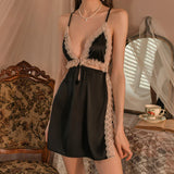 elvesmall  Summer Women's Satin Nightgown With Deep V Neck Front Buckle Lingerie For Women Lace Side Slit Cofortable Sleepwear Dress