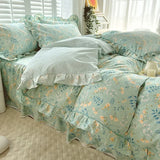 elvesmall Lace Duvet Cover Single Style Floral Bedding Set Cotton Comforter Green Double Korean Quilt Cover Ruffle Flower