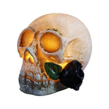 elvesmall  Halloween Luminous Resin Skull Head LED Terror Skull Decoration Prop Skeleton Head with Rose Flower Halloween Decoration