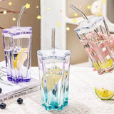 elvesmall  -  1set Glass Cup with Straw and Lid Five-Pointed Star Glass Color Gradient Mug Cold Drink Ice Coffee Mug Drinkware Desktop Decor