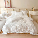 elvesmall  Pearl Lace Decorate Bedding Sets Luxury Snow White Egyptian Cotton Princess Wedding Pleated Duvet Cover Bed Sheet Pillowcases