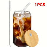 elvesmall  -  1/2/4pcs Drinking Glasses With Bamboo Lids And Glass Straw Set 16oz Can Shaped Glass Cups Beer Iced Coffee Glasses Tumbler Cup
