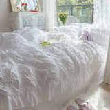 elvesmall White Ruffled Seersucker Duvet Cover Set for Girls, Soft Princess Bedding Set with Bed Sheet, Pillowcases, 3 Pcs, 4Pcs