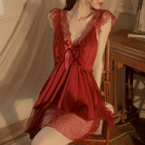 elvesmall  French Romantic Nightdress Women's Nightgown V-neck Chemise Sleepwear Lace Nightwear Soft Lingerie for Women