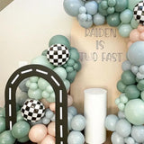 elvesmall 135Pcs Race Car Balloon Garland Arch Kit Dusty Blue Green Latex Balloon Checkered Foil Balloons for Two Fast Party Decorations