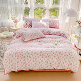 elvesmall Pastoral Girls Flower Bedding Sets, Washed Cotton Bed Linens, Soft Quilt Cover Sheet Set, Simple Bedspread, Home Textiles