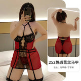 elvesmall  Plus Size Corset Bustiers Body Shaper Lace Underwire Seduction Dress with Stockings Sexy Lingerie Halter Cross Backless Uniform