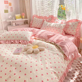 elvesmall Ins Pink Princess Lace Love Heart Duvet Cover Pillowcase and Bed Skirt Sheet for Girls Bedding Linen 4pcs Home Textiles