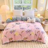 elvesmall Cute Floral Pure Cotton Duvet Cover Milk Velvet Thickened Colorful Flowers Comforter Covers Soft Warm Bedding for Kids Adults