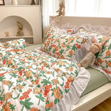 elvesmall Floral Duvet Cover Set 4pcs Soft Ruffle Vintage Flower Bedding Set Light Luxury Reversible Comforter Cover with Zipper Closure