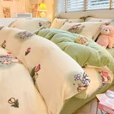 elvesmall  Winter Thickened Warm Flannel Queen Bedding Set Home Textile Cartoon Cute Duvet Cover Sheet Pillowcase 4pcs Luxury Bed Linen Set