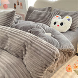 elvesmall Striped Bedding Sets Milk Velvet Winter Warm Four Piece Sets Thicken Bed Linen Quilt Cover Sheet Pillowcase King Bedroom Decor