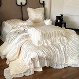 elvesmall High End Egyptian Cotton Bedding Sets Luxury Beige Jacquard Satin Duvet Cover Bed Sheet Pillowcases Chiffon Lace Quilt Cover
