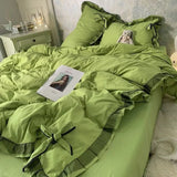 elvesmall Grey White Quilt Cover Korean Prinsess Bow Girl Bedding Sets Simple Solid Color Bedclothes Decor Bedroom
