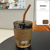 elvesmall  -  350/450ml Coffee Straw Cup With Lid Heat-Resistant Water Bottle Beer Drinkware Coffee Mug With Straw Deer Printed Leather Glass