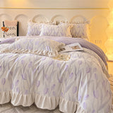 elvesmall  New Bedding Set High Weight Carved Milk Flour Set Girl Ruffle Bed Tulip Thicken Warm Quilt Cover Sheet Pillowcase Decor Bedroom