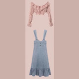 srczz  -  French Elegant Fairy 2 Piece Dress Set Female Floral Long Sleeve Tops + Denim Strap Dress 2023 Summer Korean Fashion Suits