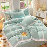 elvesmall  Kawaii Korean Bedding Sets No Filling Ins Princess Style Lace Bow Duvet Cover Fitted Sheet Girl Woman Home Bedroom Bed Linens