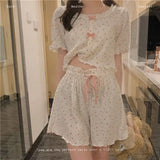 elvesmall  Floral Sleepwear Women Korean Reviews Many Pajama Set Summer Home Wear Bow Short Sleeve Pyjamas Two-piece Set Japanese Piiama