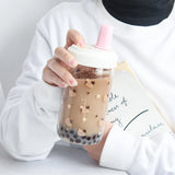 elvesmall  -  Kawaii Cat Bubble Tea Glass Water Bottle With Straw PU Sleeve Cute Boba Coffee Milk Cups Portable Girl Drinking Bottle BPA Free