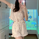 elvesmall  Floral Pajama Sets Women Lace V-neck Crop Sweet Girls Elegant Summer Daily Home Sleepwear Casual Shorts Cozy Chic Ins Stylish