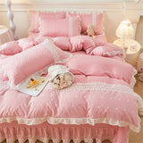 elvesmall Korean Luxury Lace Ruffles Bedding Set Skin-Friendly Washed Cotton Princess Style Duvet Cover Bed Sheet Pillowcase Home Textiles