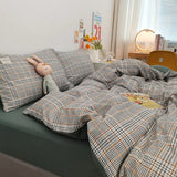 elvesmall  3/4Pcs Skin Friendly Microfiber Duvet Cover Set, Washed Cotton Craft, Double Queen King Plaid Bed Cover Bed Linen Bedding Set