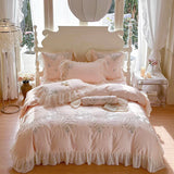 elvesmall Beige Egyptian Cotton Bedding Sets Luxury Princess Chiffon Lace Bedclothes Rose Embroidery Duvet Cover Bed Sheet Pillowcases