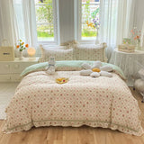 elvesmall French Country Style Princess Bedding Set, 100% Cotton, Floral Ruffled Edge, Duvet Cover, Flat, Fitted Bed Sheet, Pillowcases