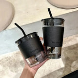 elvesmall  -  350/450ml Coffee Straw Cup With Lid Heat-Resistant Water Bottle Beer Drinkware Coffee Mug With Straw Deer Printed Leather Glass