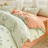 elvesmall Duvet Cover Simple Plant Flower Bed Sheet for Adults and Kids Washed Cotton Floral Pillowcase Home Textiles Four-Piece Bed Set