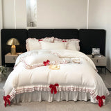 elvesmall  Bedding Set Luxury Princess Bed Linen Multi Layer Ruffle Bow Duvet Cover Set Bed Sheet and Pillowcases Queen Bed Comforter Set